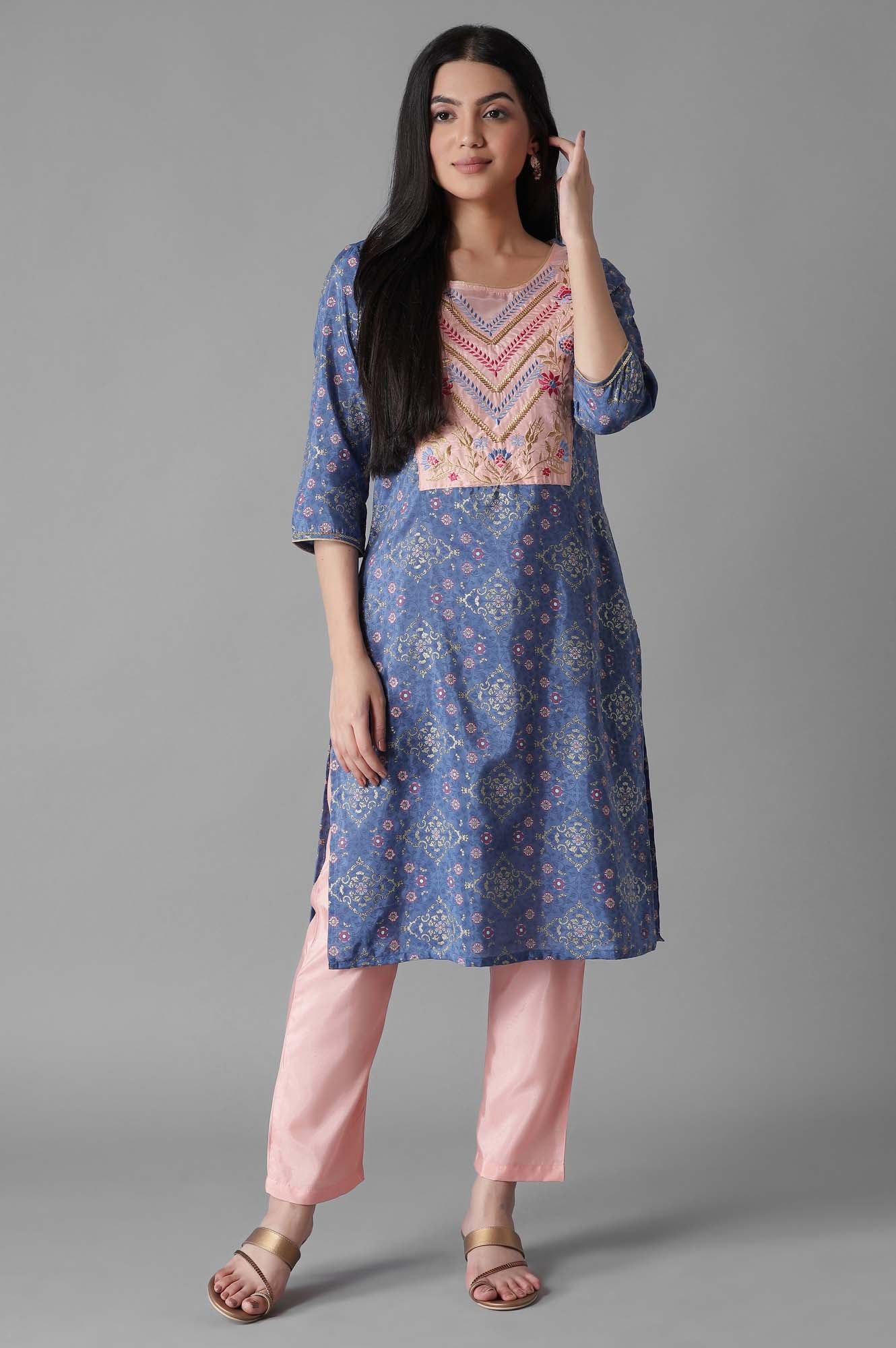 Blue Embroidered Mughal Print Panelled kurta Trousers Set