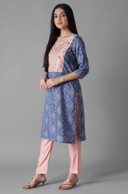 Blue Embroidered Mughal Print Panelled kurta Trousers Set