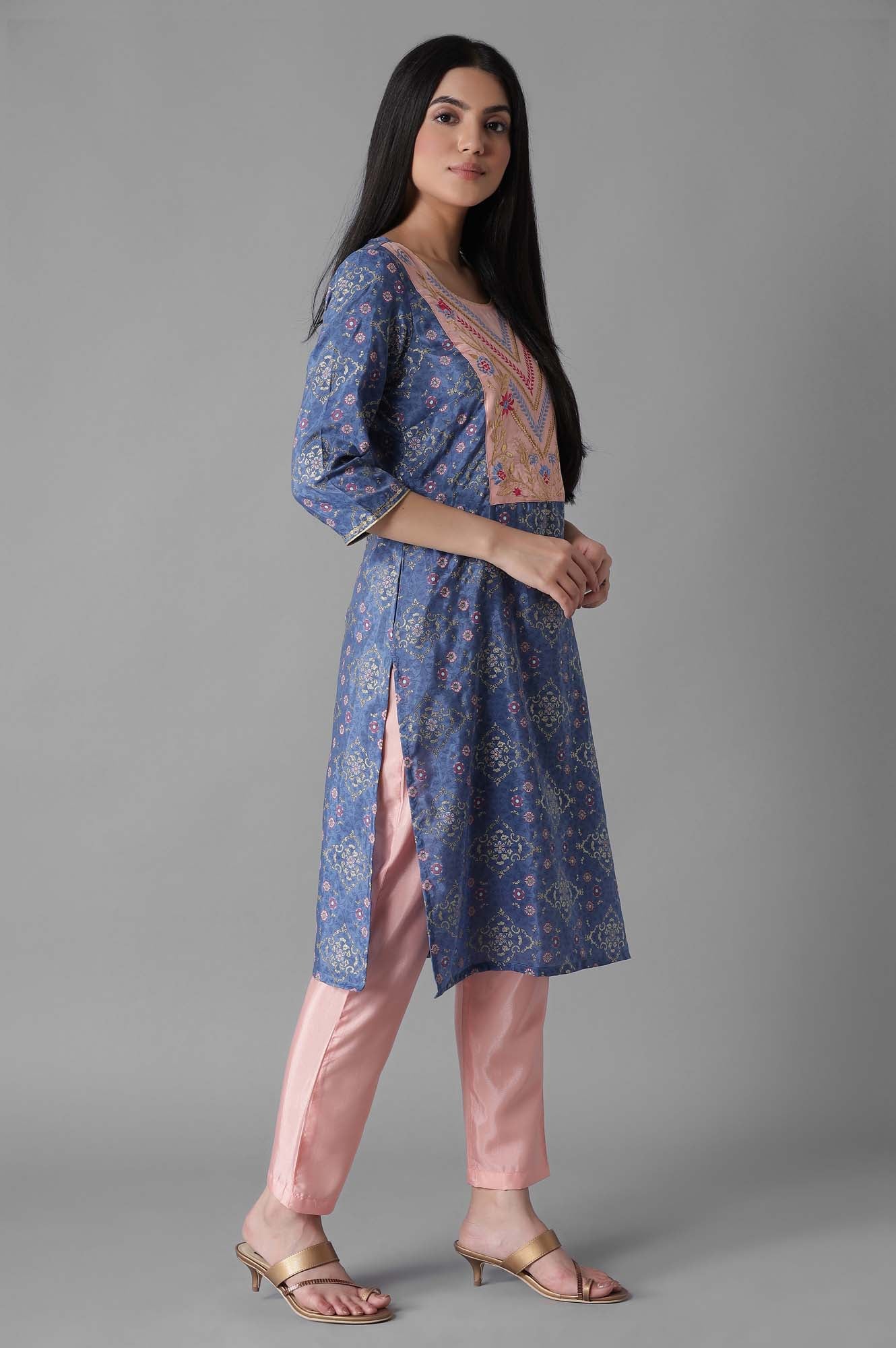 Blue Embroidered Mughal Print Panelled kurta Trousers Set