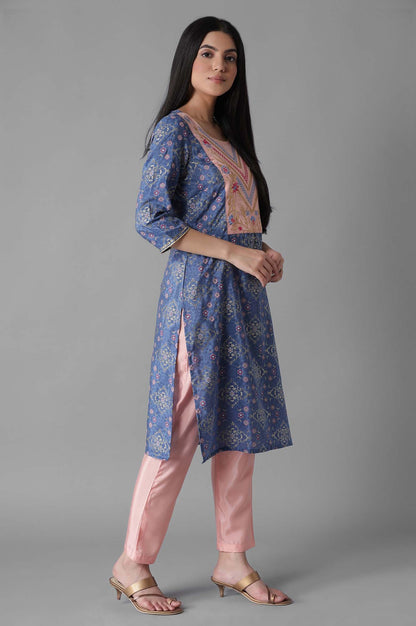 Blue Embroidered Mughal Print Panelled kurta Trousers Set