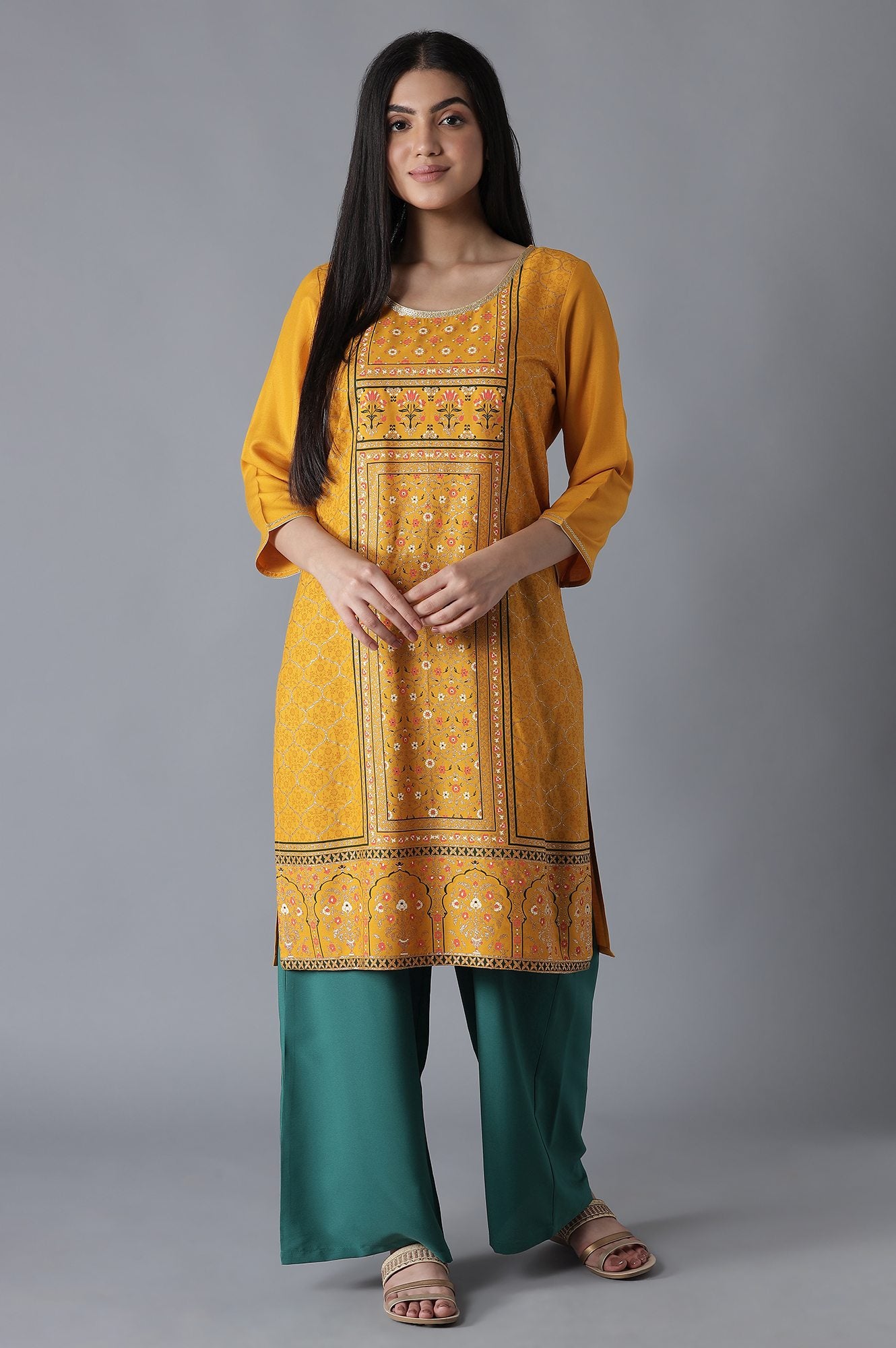 Yellow Mughal Print kurta Palazzos Set