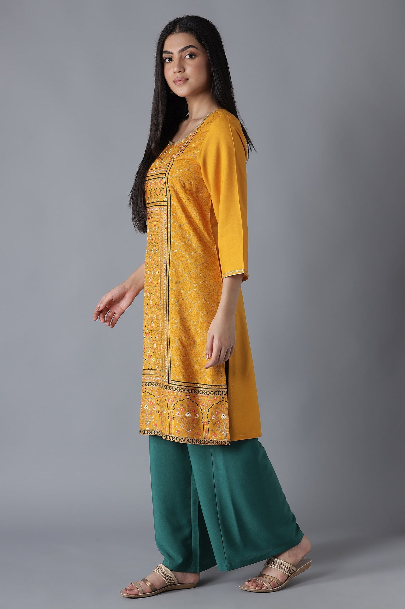 Yellow Mughal Print kurta Palazzos Set