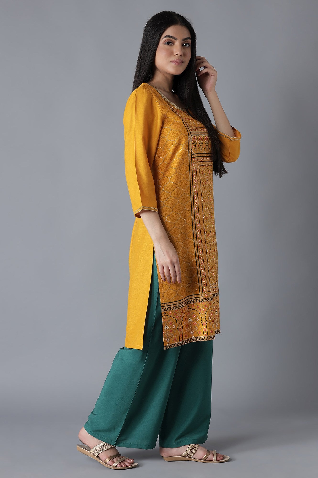 Yellow Mughal Print kurta Palazzos Set