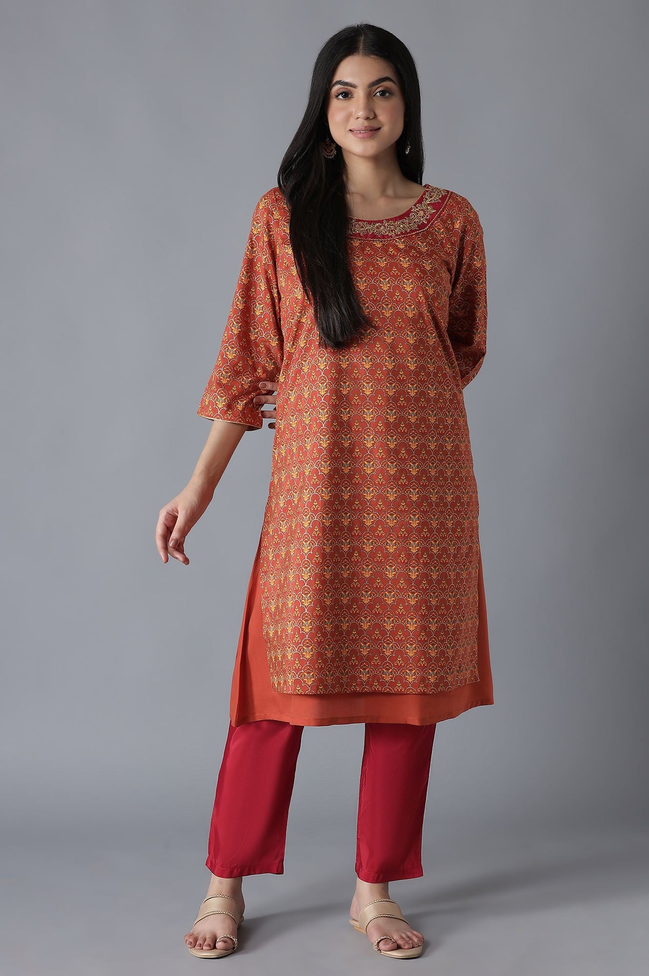 Orange Mughal Print A line kurta Trousers Set