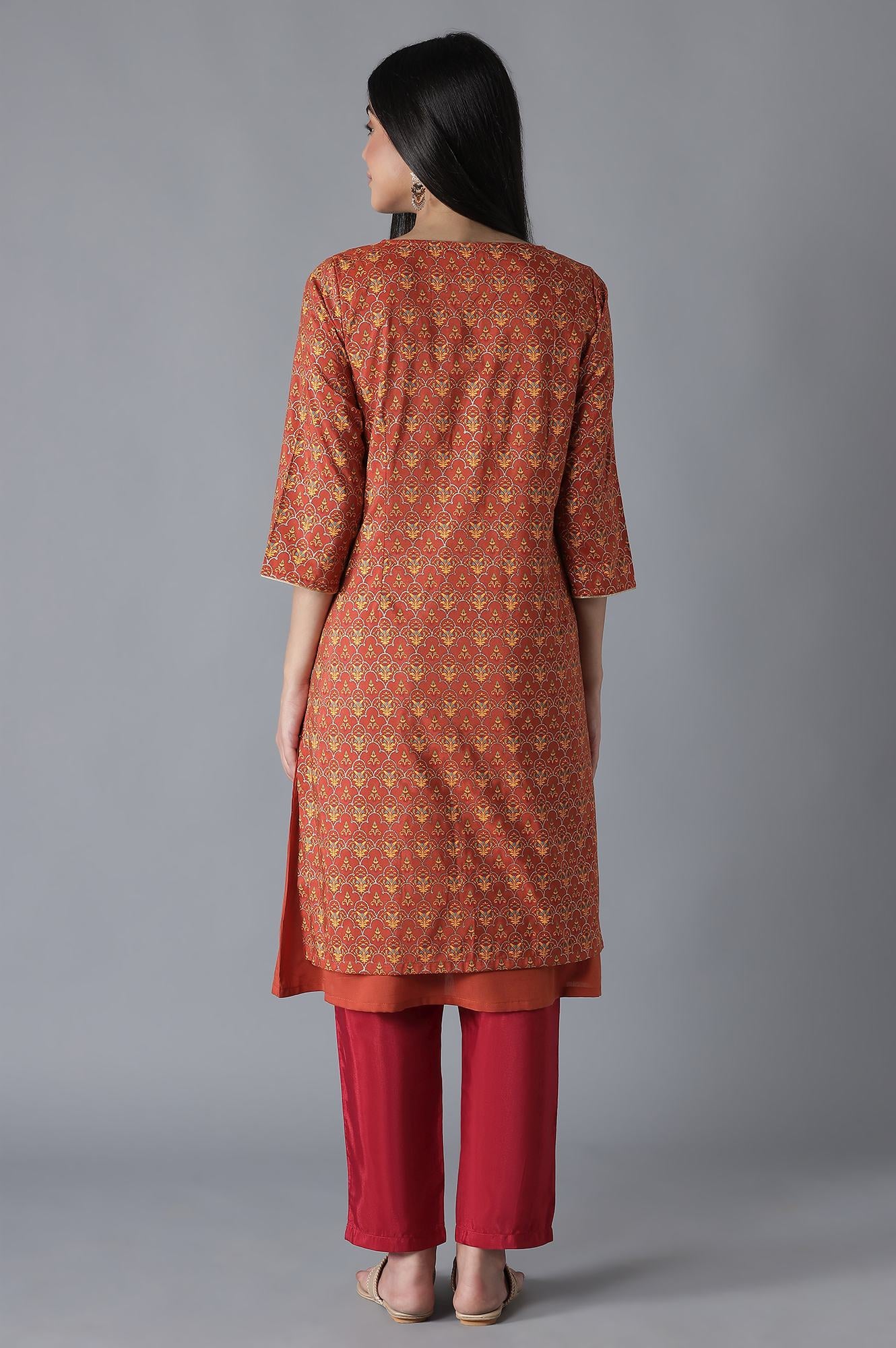 Orange Mughal Print A line kurta Trousers Set