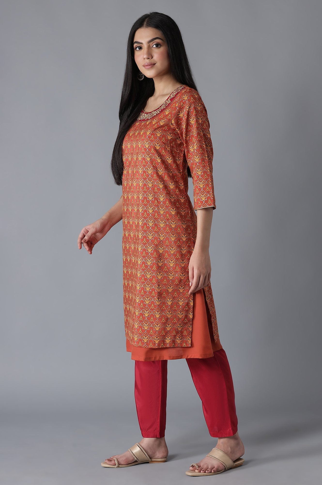 Orange Mughal Print A line kurta Trousers Set