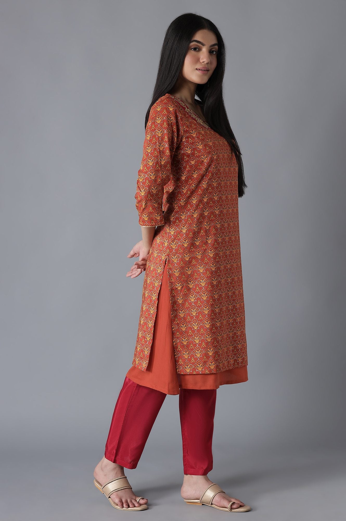 Orange Mughal Print A line kurta Trousers Set