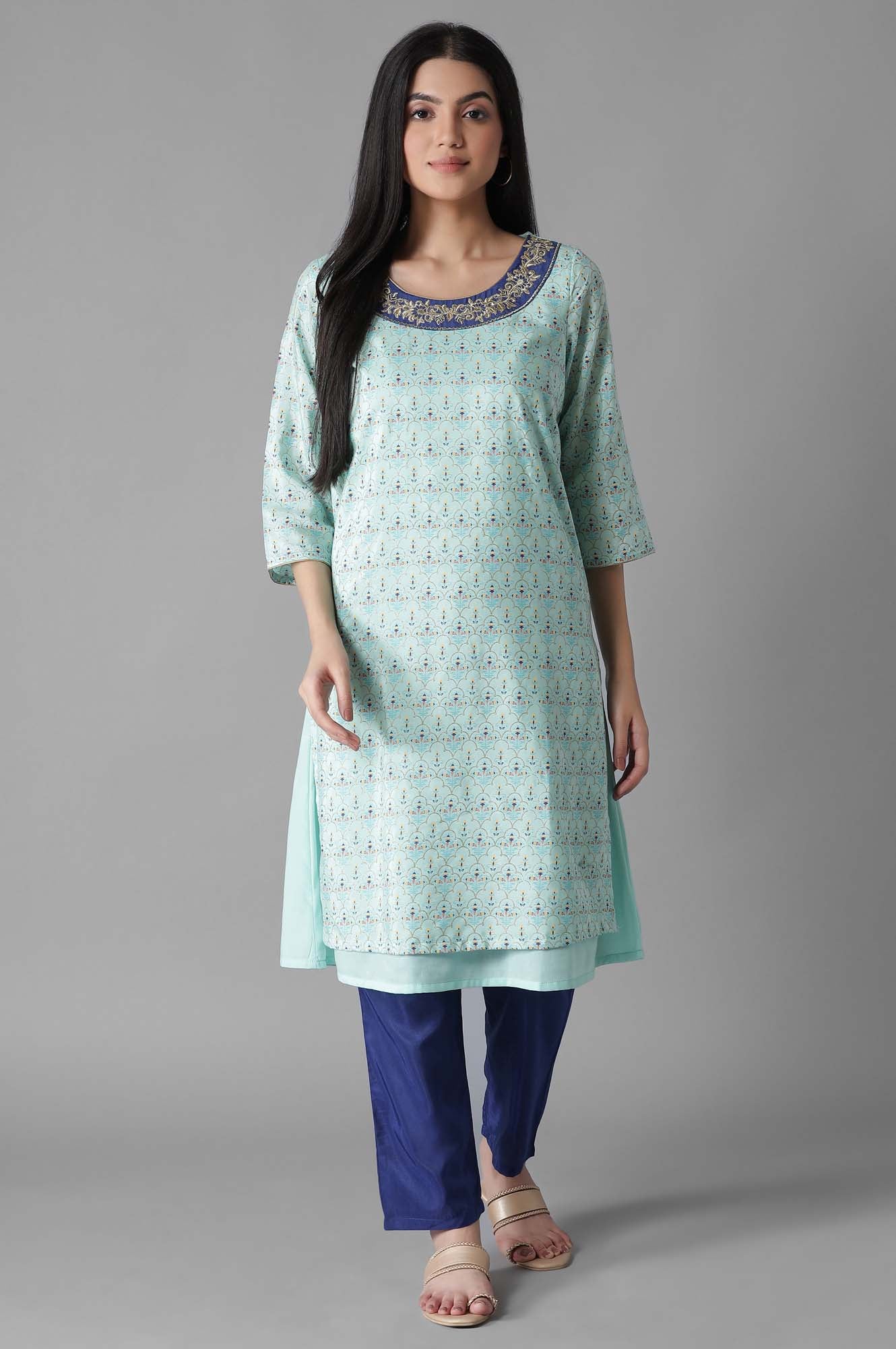 Blue Mughal Print A line kurta Trousers Set