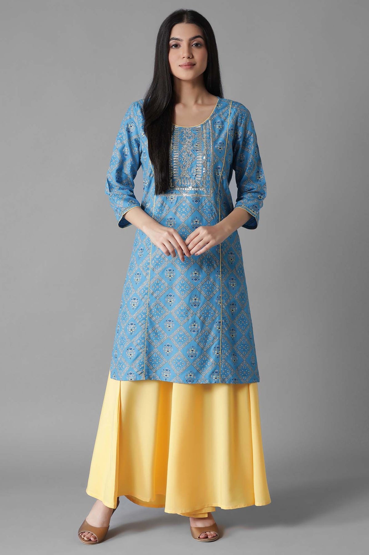 Blue Mughal Print Panelled kurta Flared Palazzos Set - XS