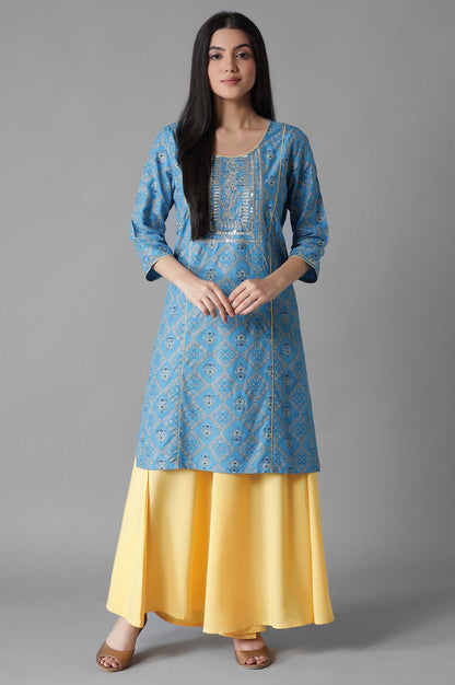 Blue Mughal Print Panelled kurta Flared Palazzos Set