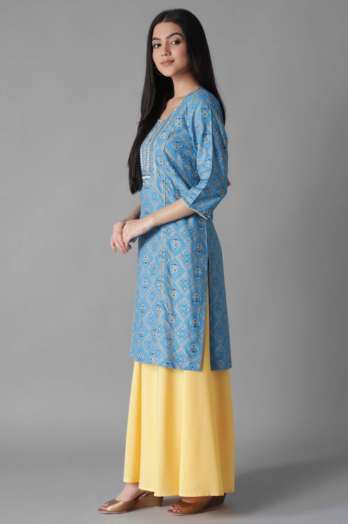 Blue Mughal Print Panelled kurta Flared Palazzos Set