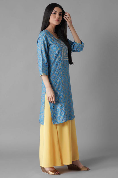 Blue Mughal Print Panelled kurta Flared Palazzos Set