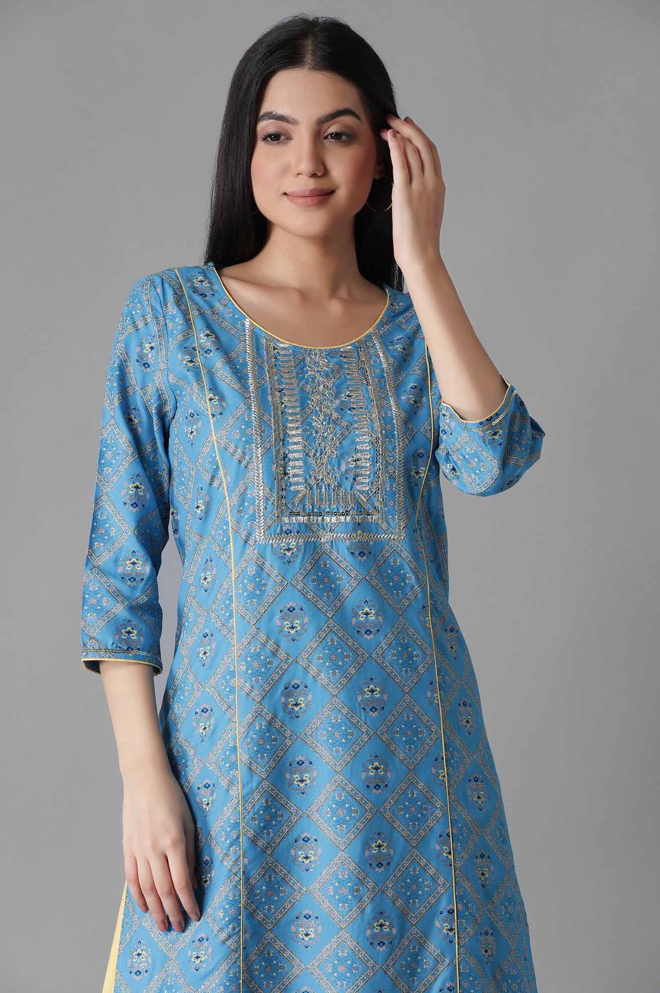 Blue Mughal Print Panelled kurta Flared Palazzos Set