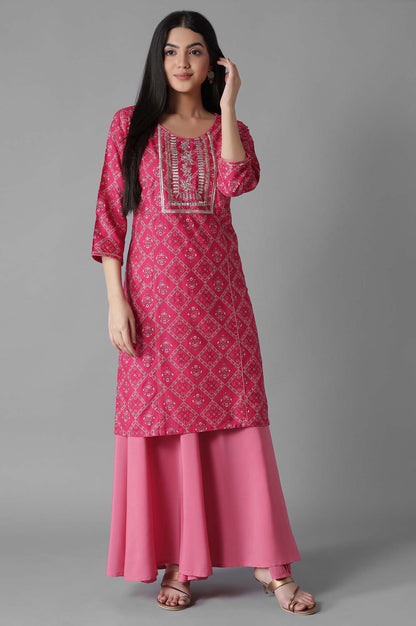 Pink Mughal Print Panelled kurta Flared Palazzos Set