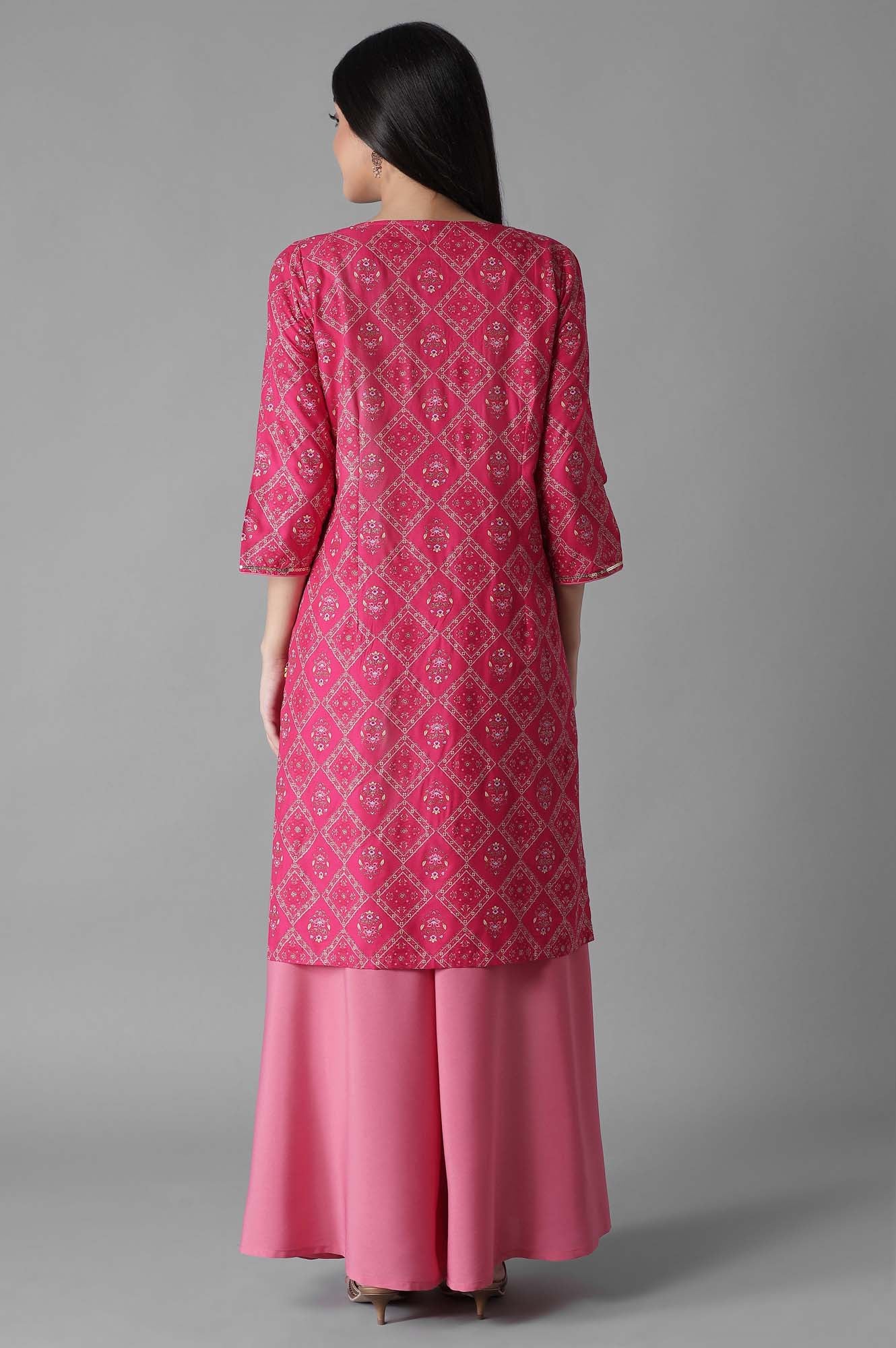 Pink Mughal Print Panelled kurta Flared Palazzos Set