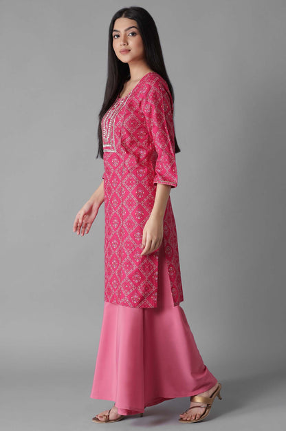 Pink Mughal Print Panelled kurta Flared Palazzos Set