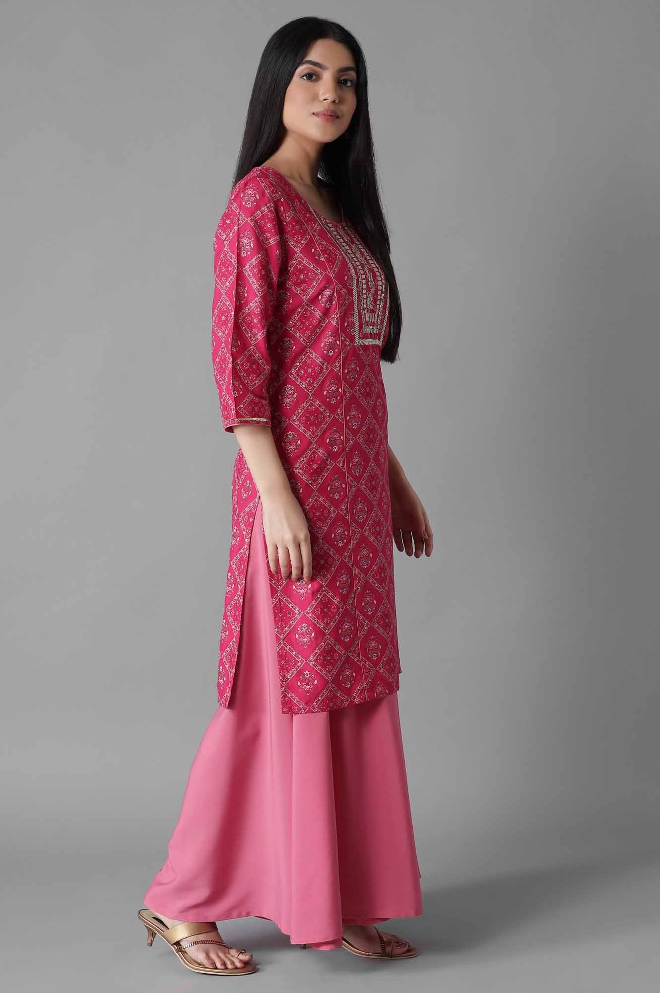 Pink Mughal Print Panelled kurta Flared Palazzos Set