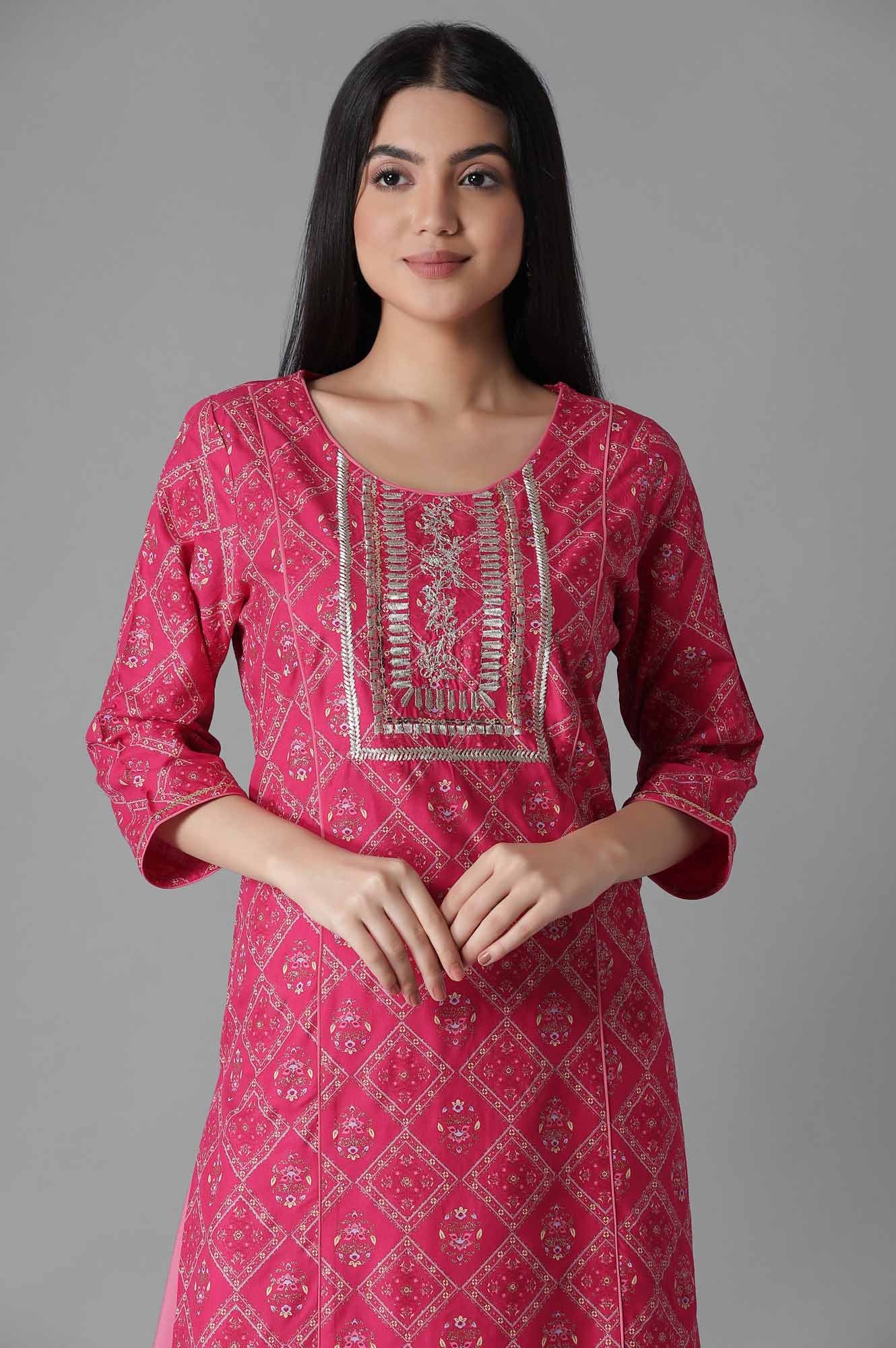 Pink Mughal Print Panelled kurta Flared Palazzos Set