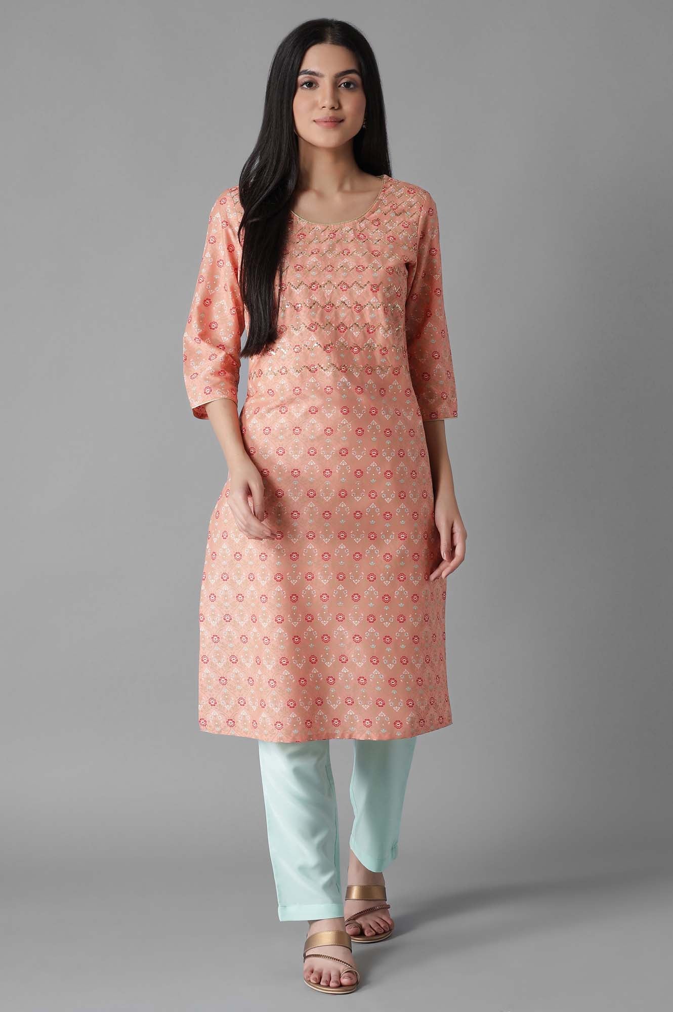 Pink Glittered Mughal Print kurta Trousers Set