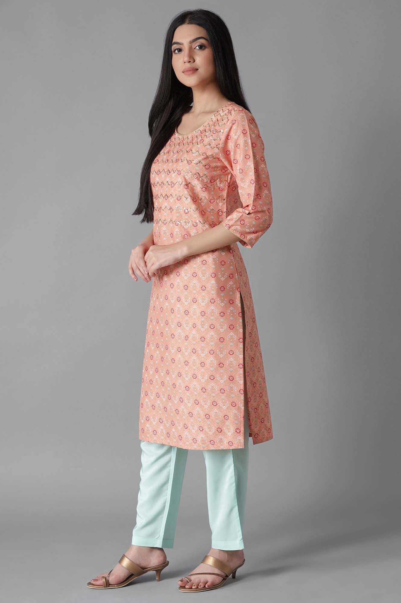 Pink Glittered Mughal Print kurta Trousers Set