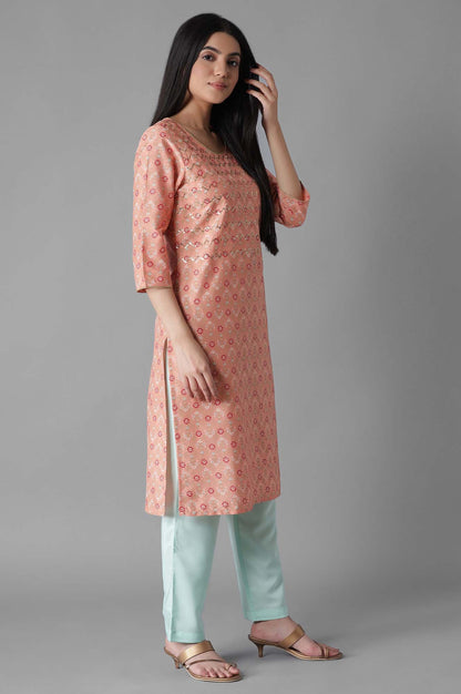 Pink Glittered Mughal Print kurta Trousers Set