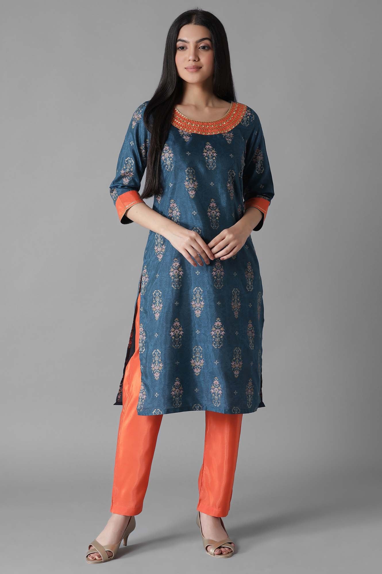 Blue Glittered Mughal Print kurta Trousers Set