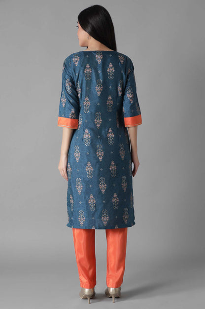 Blue Glittered Mughal Print kurta Trousers Set