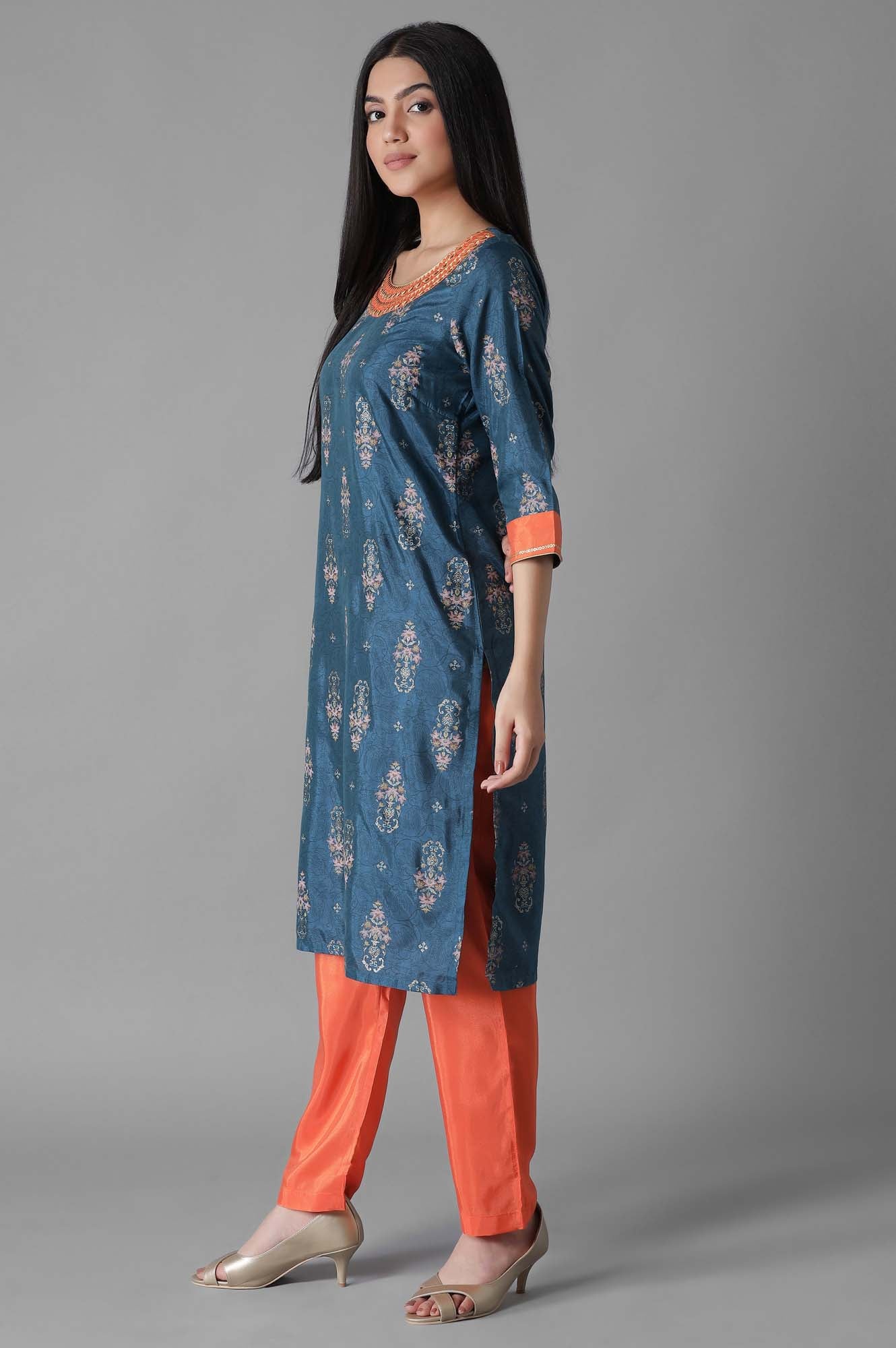 Blue Glittered Mughal Print kurta Trousers Set