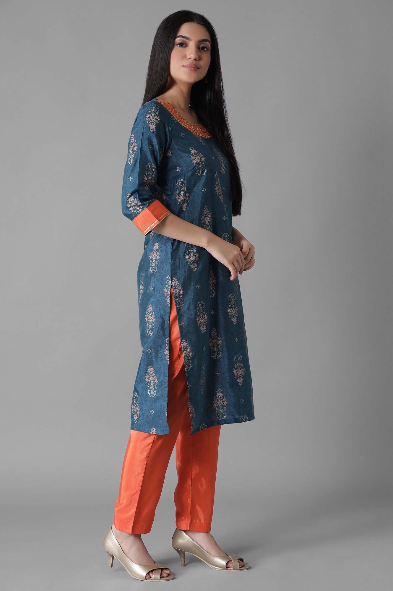 Blue Glittered Mughal Print kurta Trousers Set