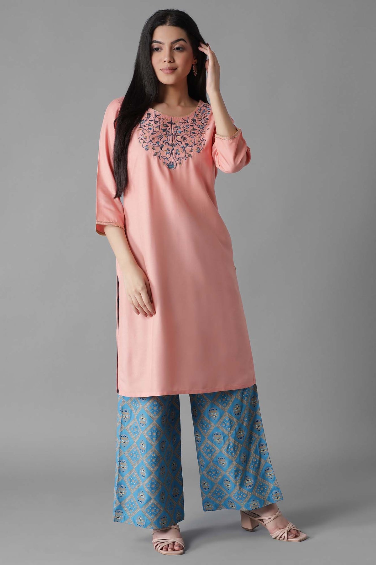 Pink Embroidered Solid kurta Palazzos Set - XS