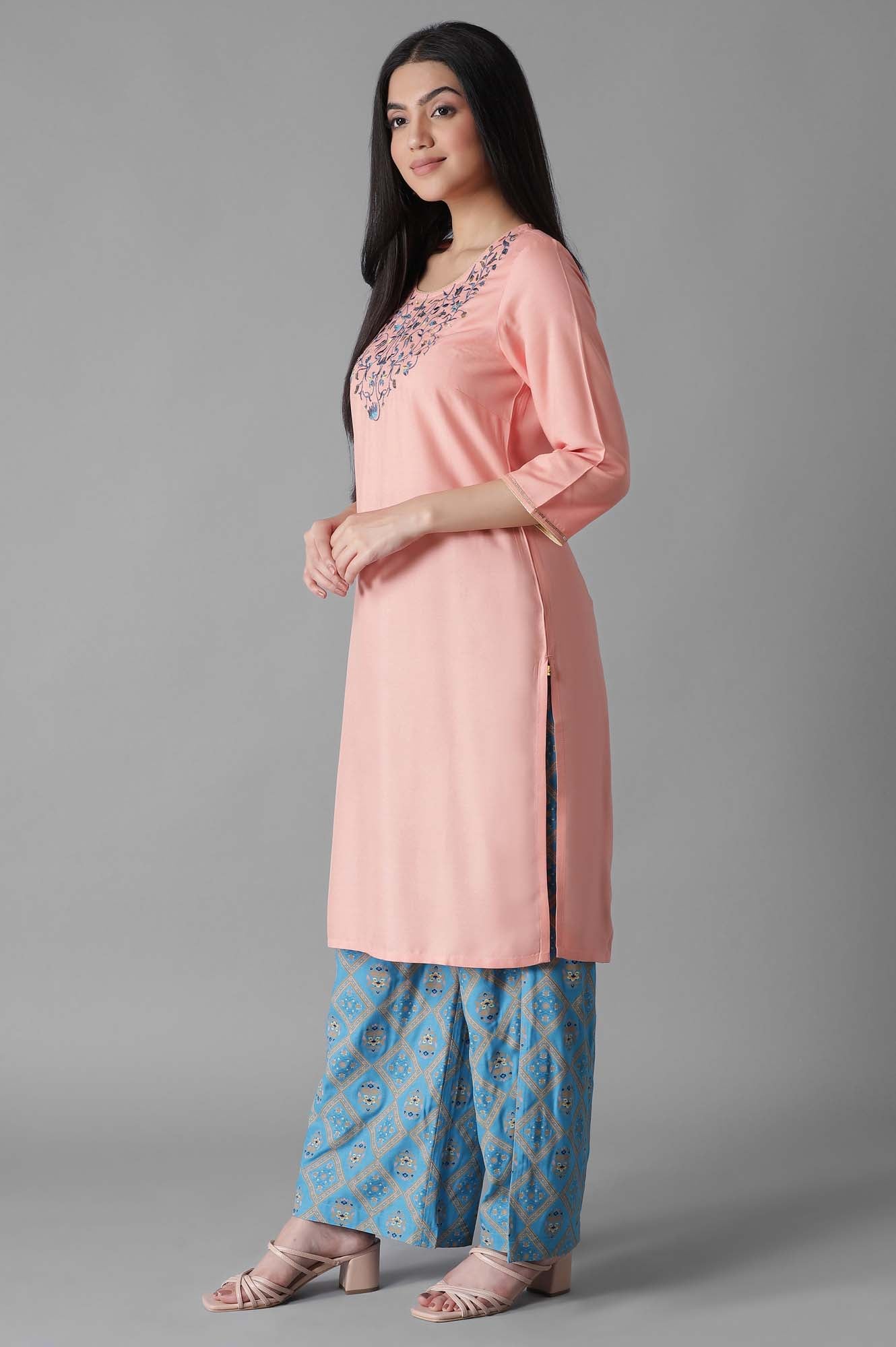 Pink Embroidered Solid kurta Palazzos Set