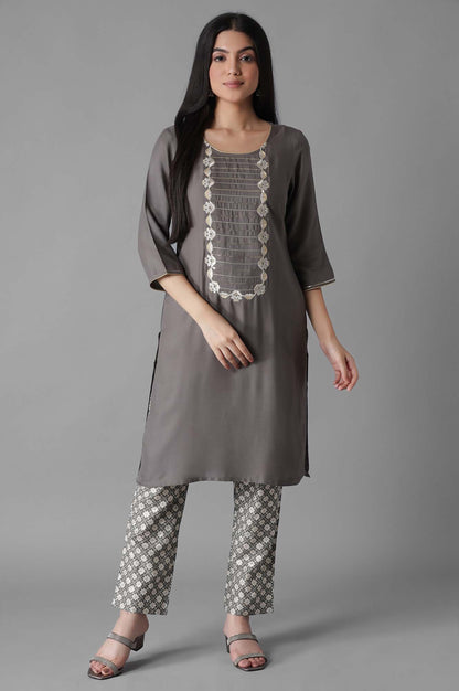 Grey Embroidered Solid Straight kurta Trousers Set