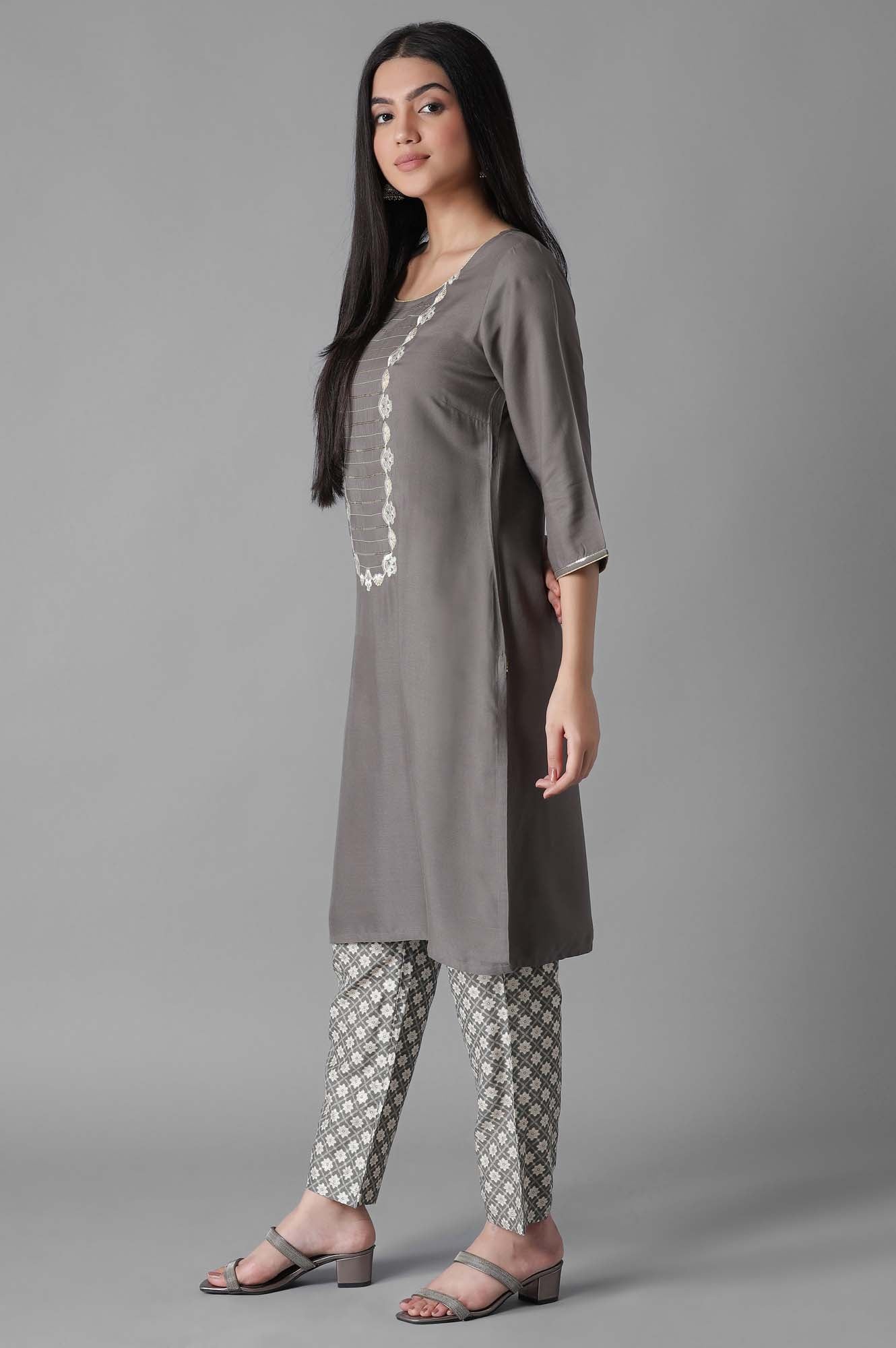 Grey Embroidered Solid Straight kurta Trousers Set