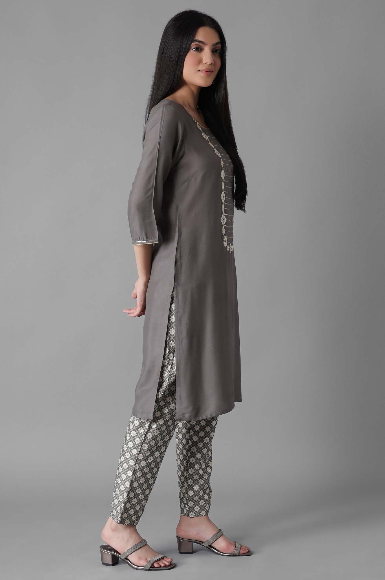 Grey Embroidered Solid Straight kurta Trousers Set