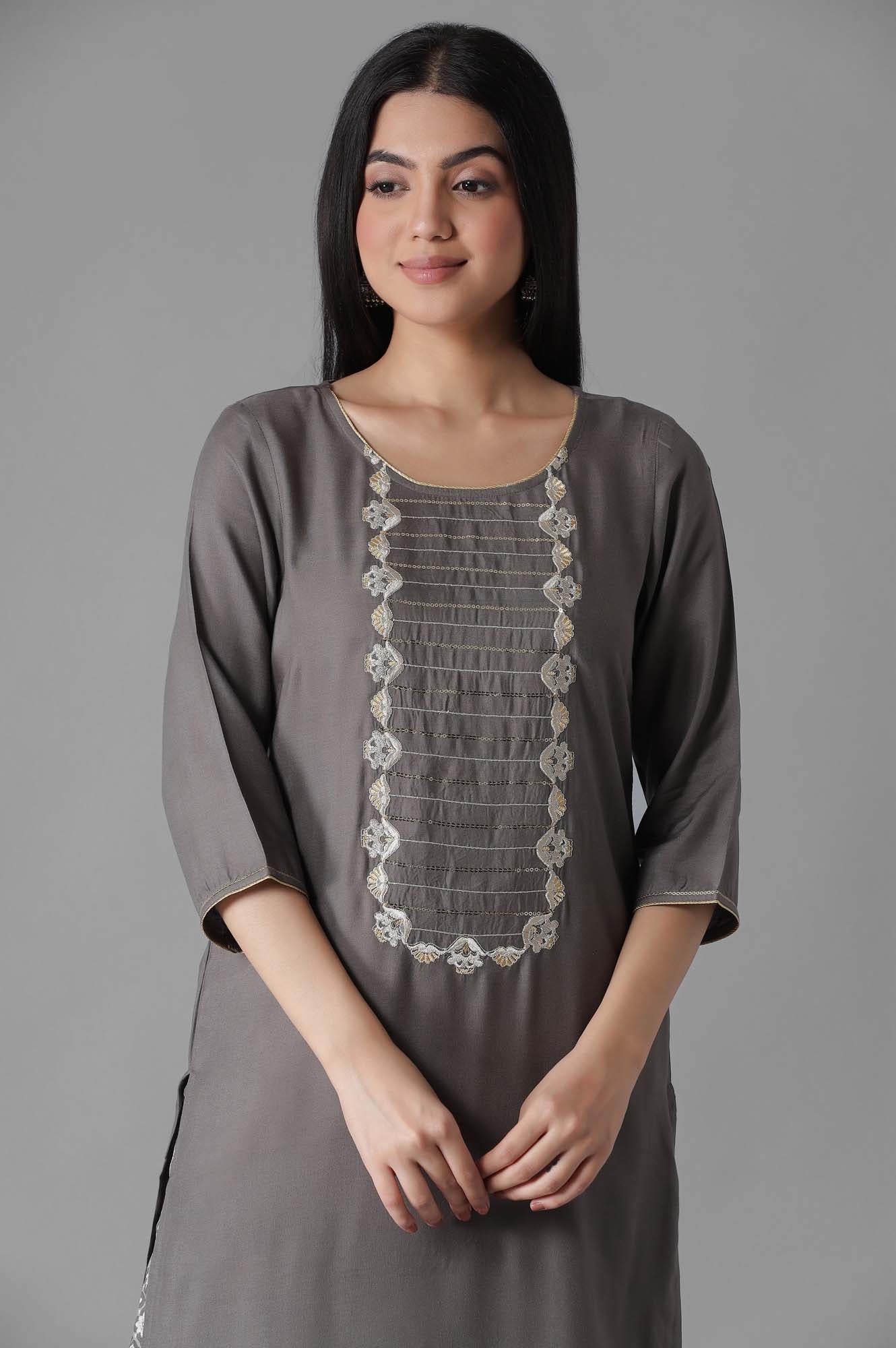 Grey Embroidered Solid Straight kurta Trousers Set