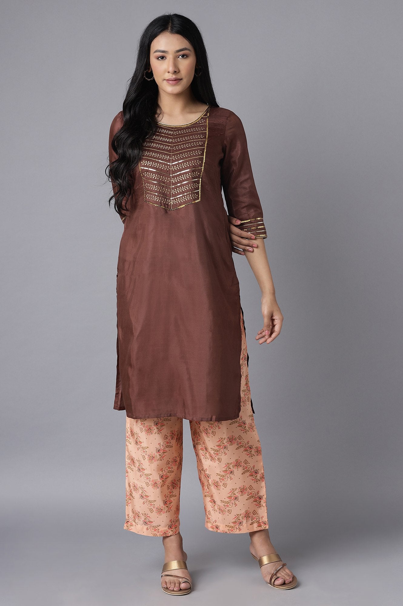 Brown Embroidered kurta-Peach Culottes Set