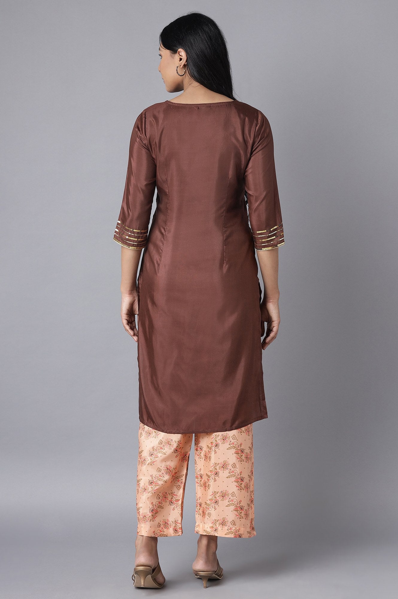 Brown Embroidered kurta-Peach Culottes Set