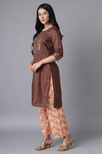 Brown Embroidered kurta-Peach Culottes Set