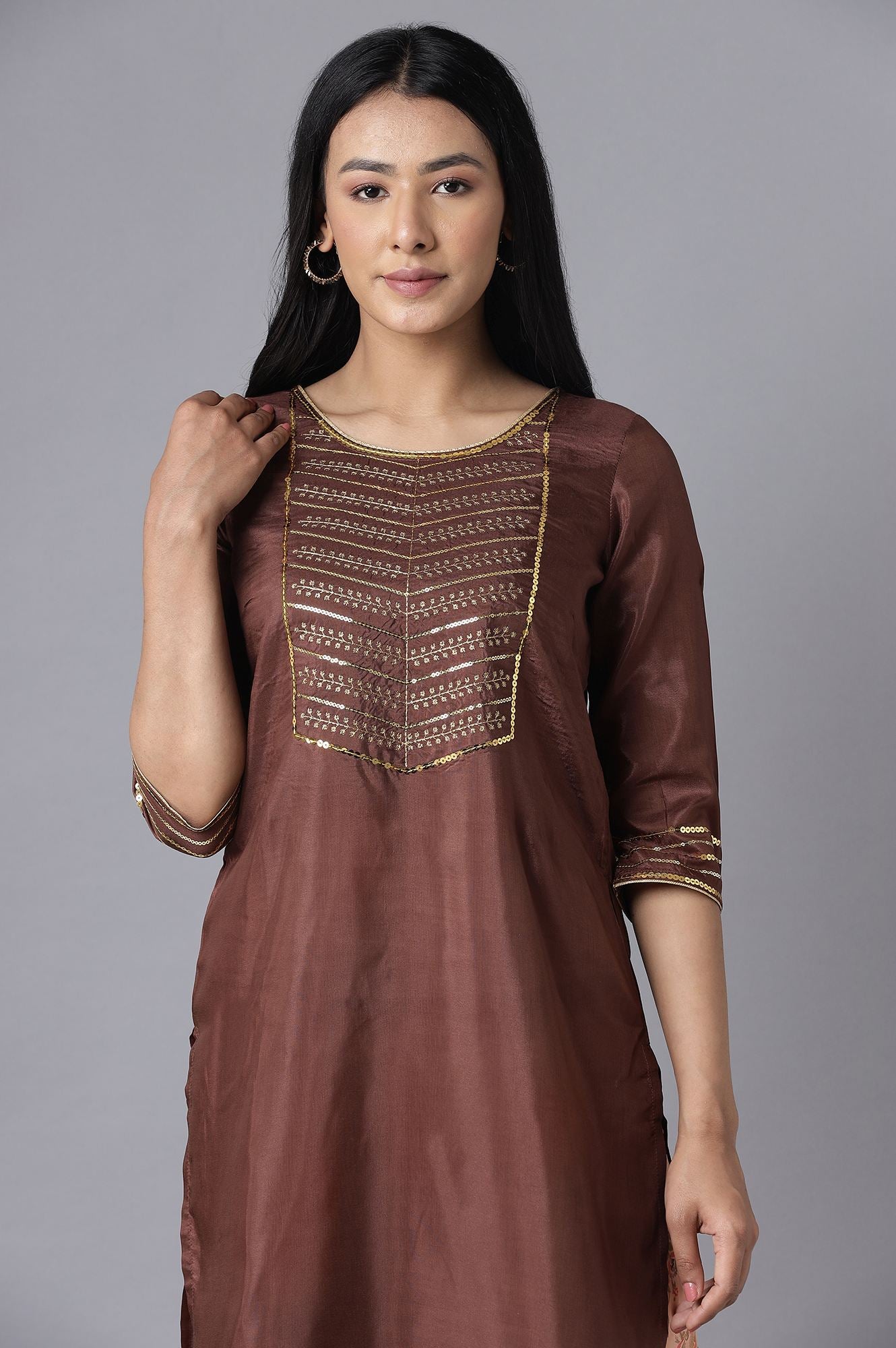 Brown Embroidered kurta-Peach Culottes Set