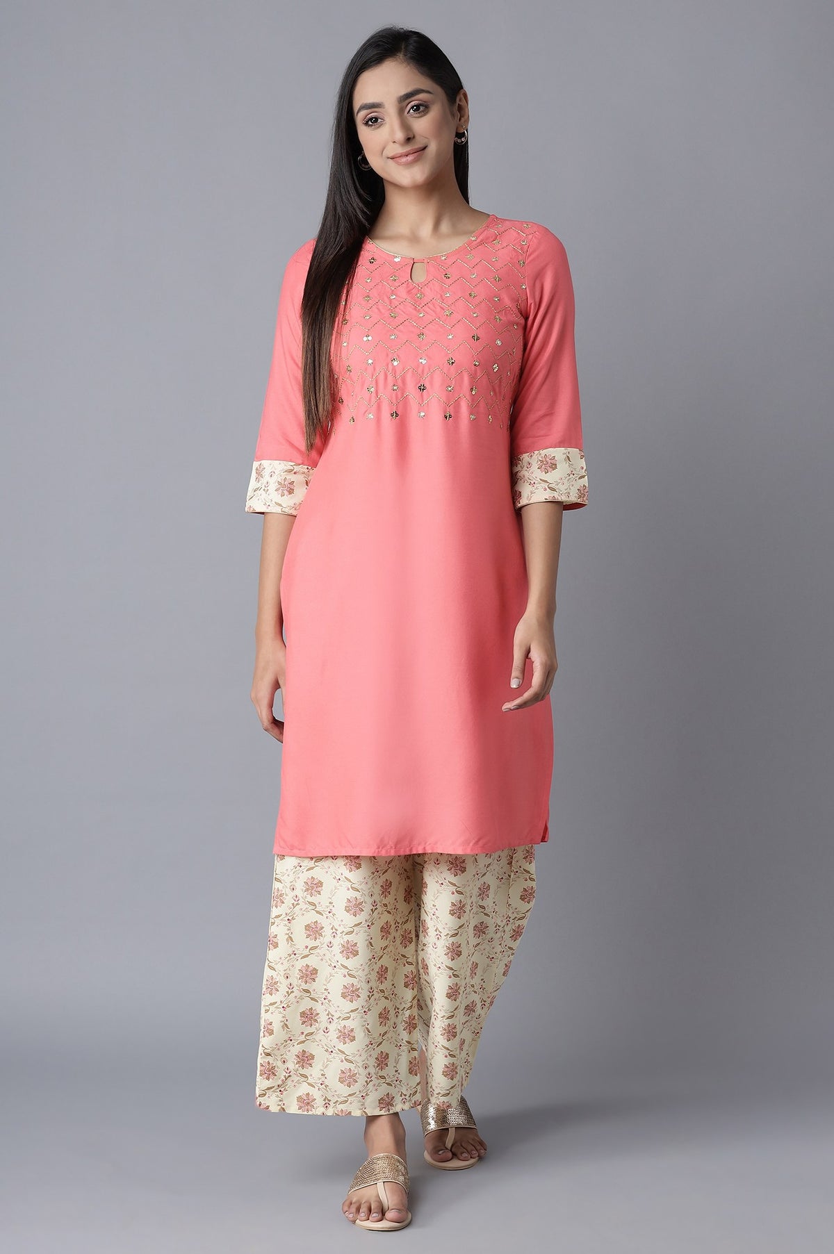 Pink Embroidered kurta-White Palazzo Set - S