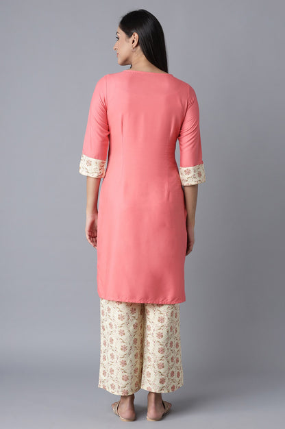 Pink Embroidered kurta-White Palazzo Set