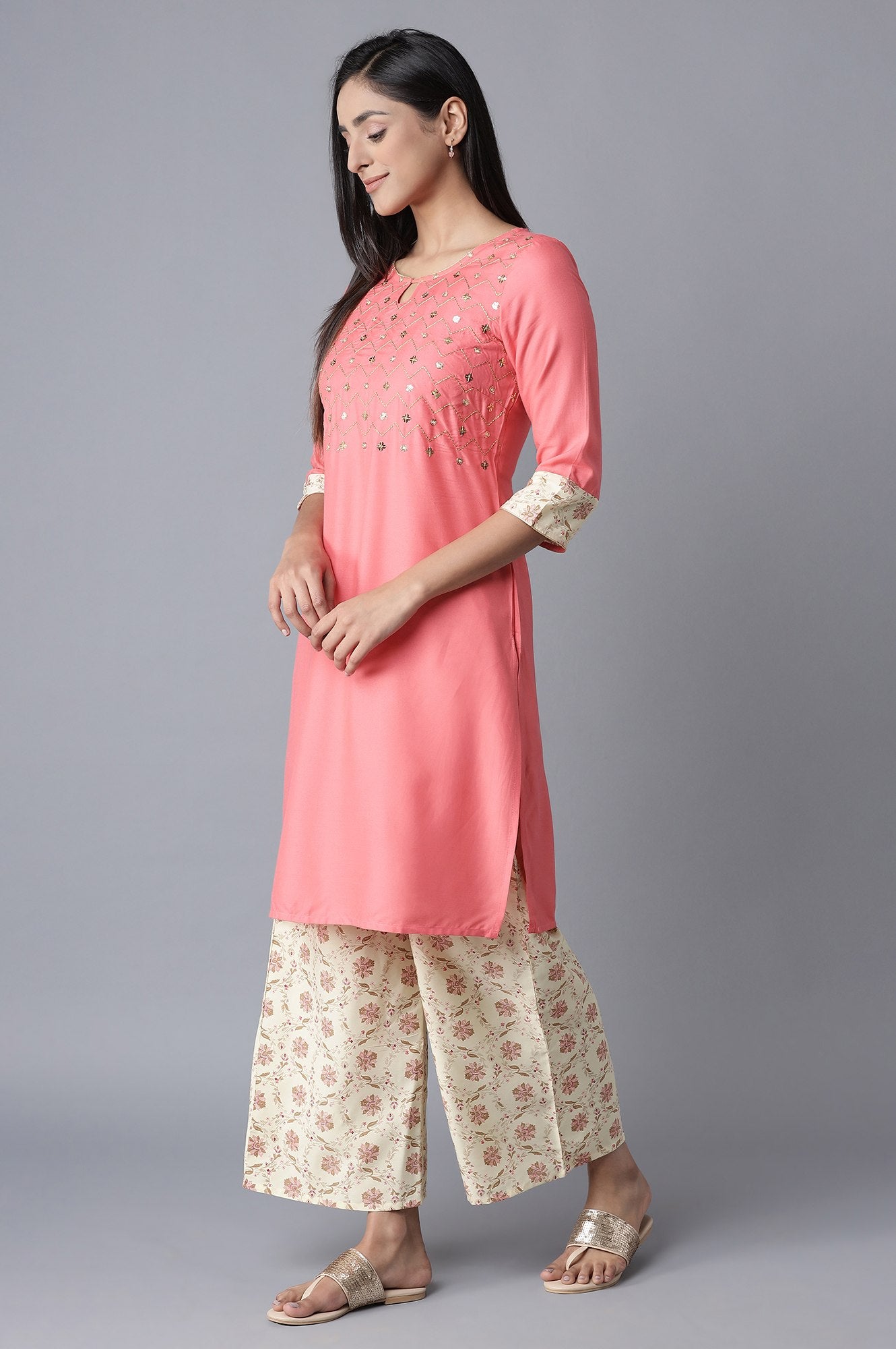 Pink Embroidered kurta-White Palazzo Set