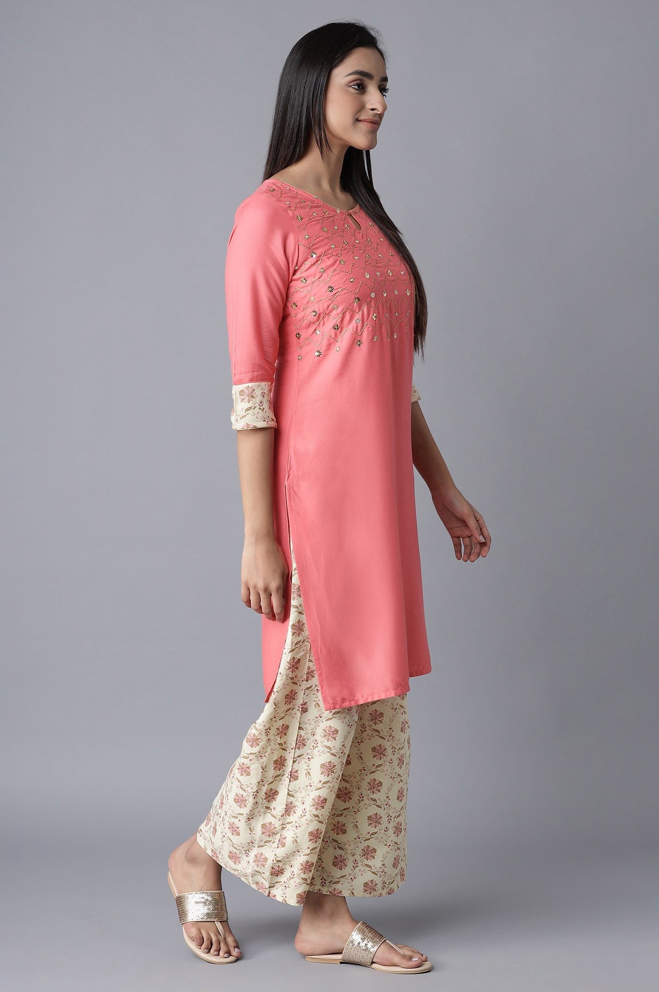 Pink Embroidered kurta-White Palazzo Set