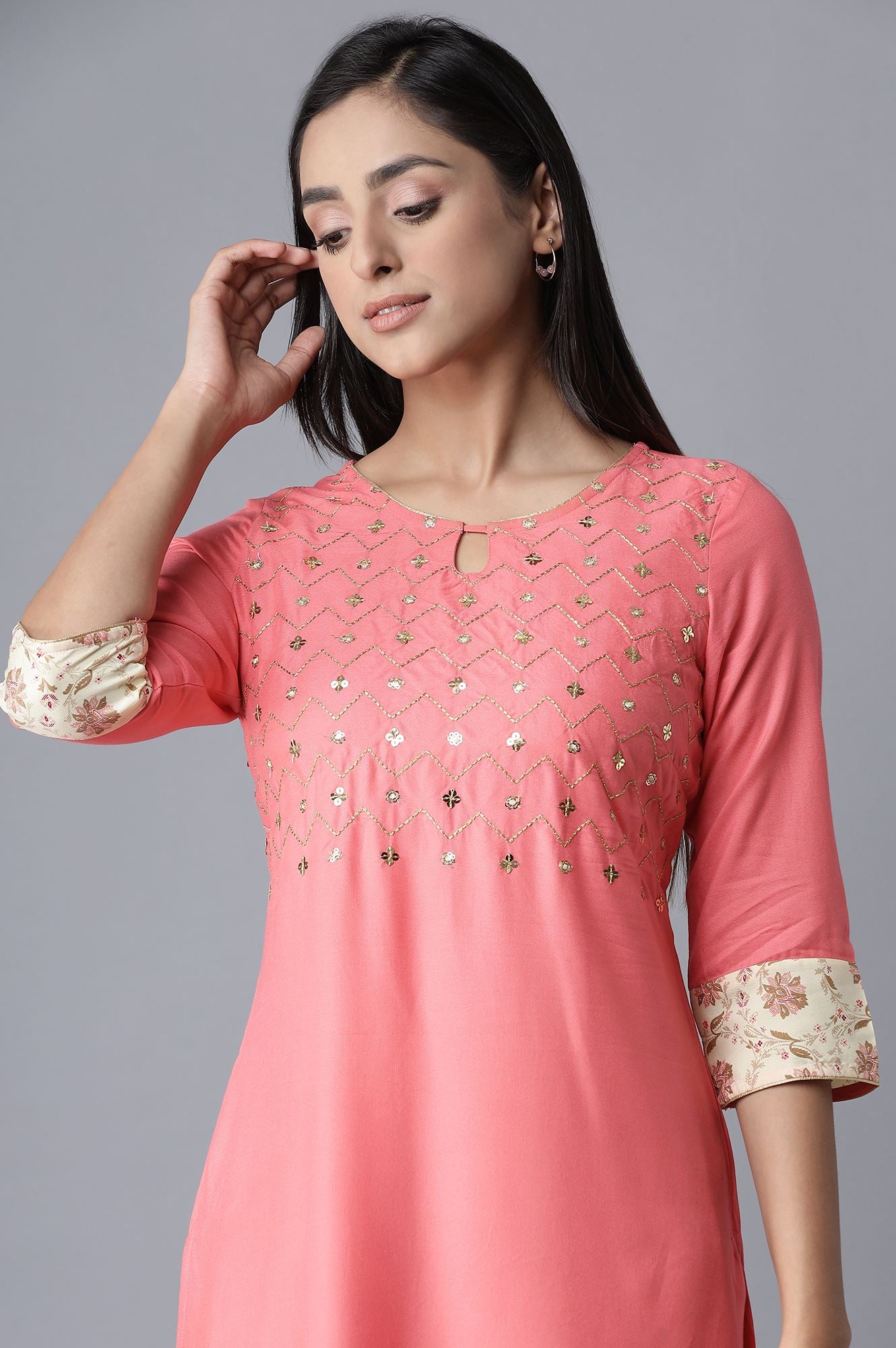 Pink Embroidered kurta-White Palazzo Set