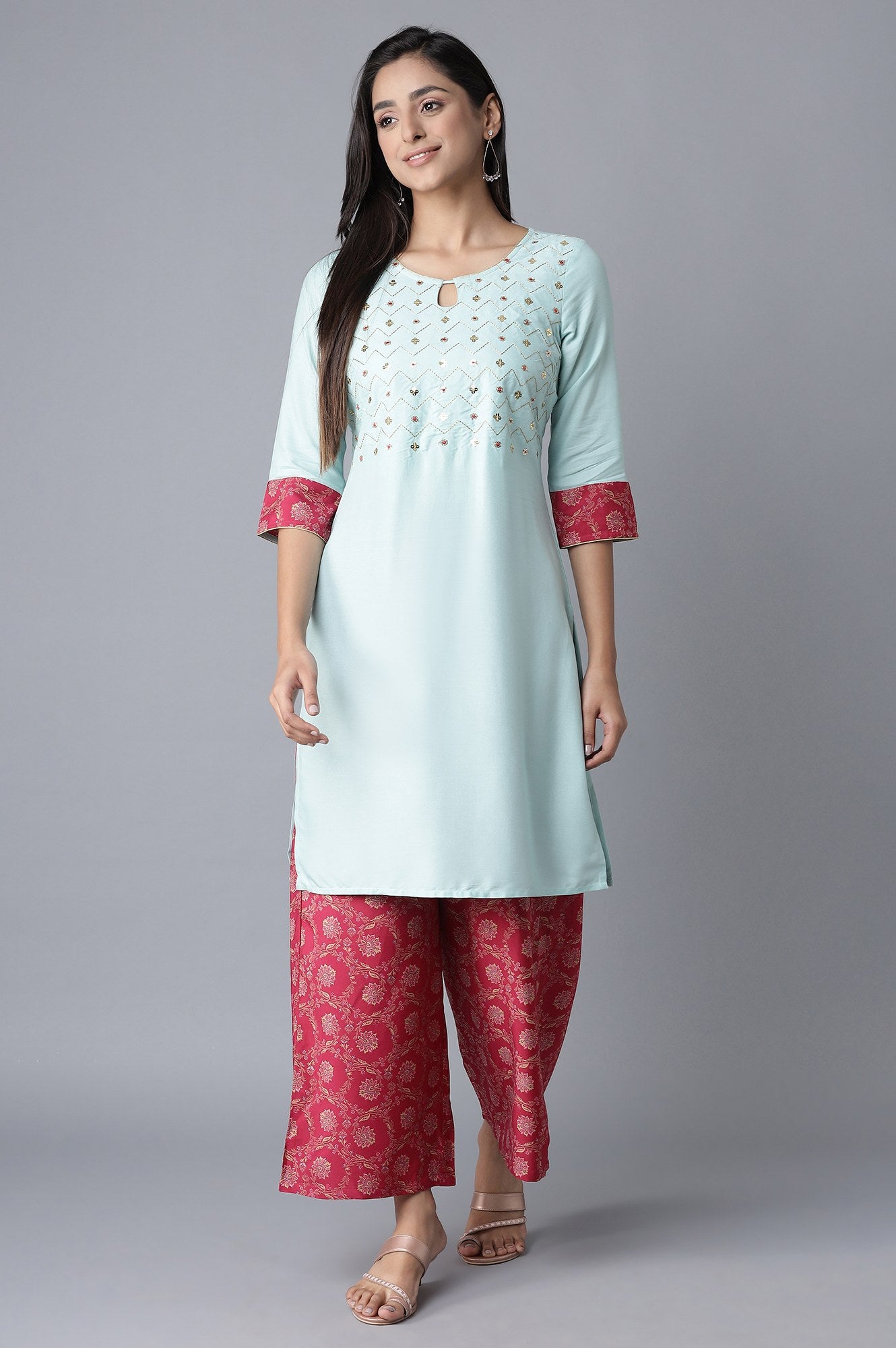 Blue Embroidered kurta-Pink Palazzo Set