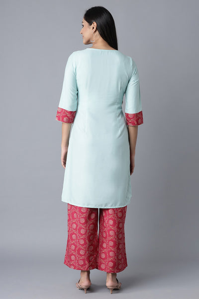 Blue Embroidered kurta-Pink Palazzo Set
