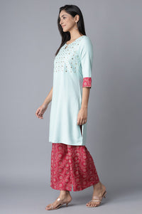 Blue Embroidered kurta-Pink Palazzo Set