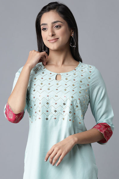 Blue Embroidered kurta-Pink Palazzo Set