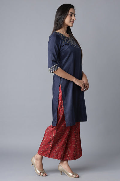 Blue Embroidered kurta-Red Palazzo Set