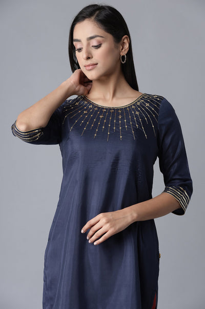 Blue Embroidered kurta-Red Palazzo Set